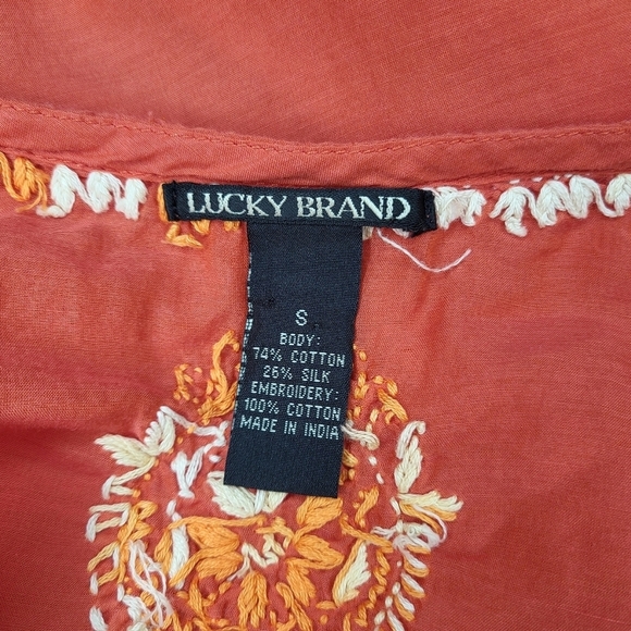 Lucky Brand Top Orange Cream Embroidered Split V Neck Ties Long Sleeve Size S - Picture 8 of 8